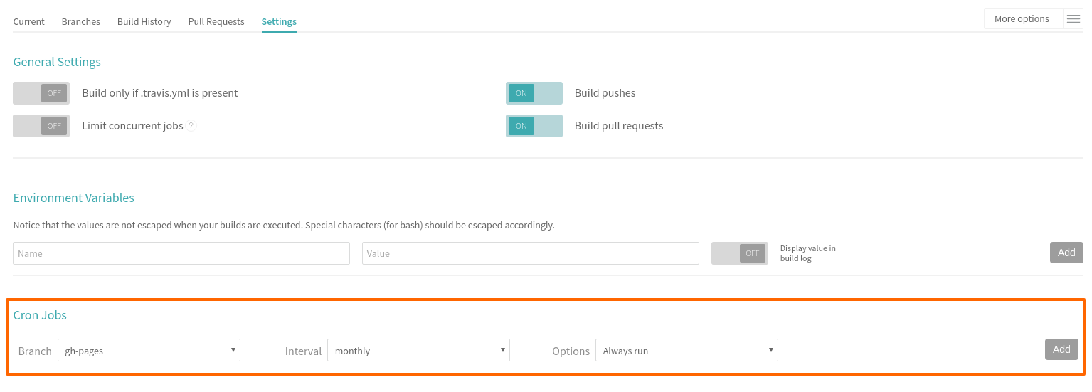 settings page with cron section