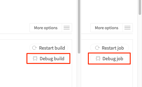 Screenshot of debug build/job buttons