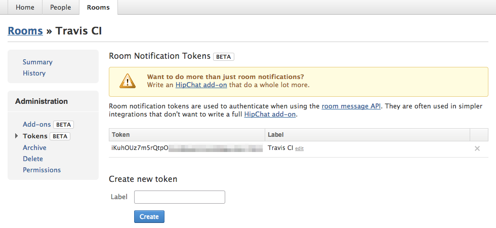 HipChat Room Notification Tokens screenshot