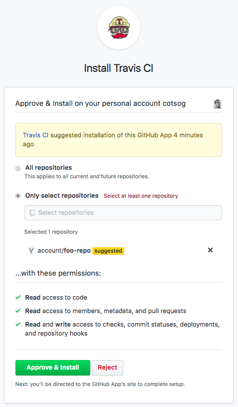 Travis CI GitHub App page
