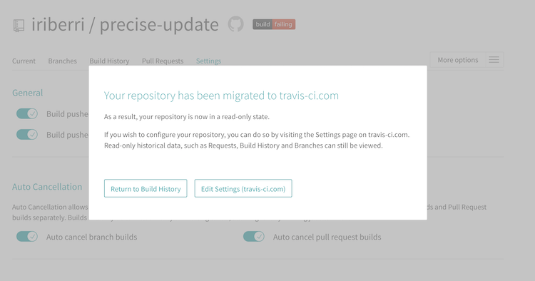 Locked settings page in travis-ci.org